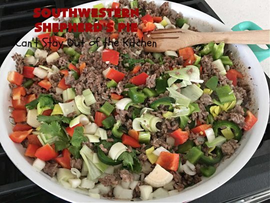 Southwestern Shepherd's Pie | Can't Stay Out of the Kitchen | this #Southwestern version of #ShepherdsPie is phenomenal! Every bite will rock your world. The #cheesy #MashedPotato topping is wonderful too. Great for company dinners or potlucks since it makes a lot. Make in the #SlowCooker or bake in the oven. #TexMex #beef #ItalianSausage #SouthwesternShepherdsPie #GlutenFree