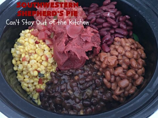 Southwestern Shepherd's Pie | Can't Stay Out of the Kitchen | this #Southwestern version of #ShepherdsPie is phenomenal! Every bite will rock your world. The #cheesy #MashedPotato topping is wonderful too. Great for company dinners or potlucks since it makes a lot. Make in the #SlowCooker or bake in the oven. #TexMex #beef #ItalianSausage #SouthwesternShepherdsPie #GlutenFree