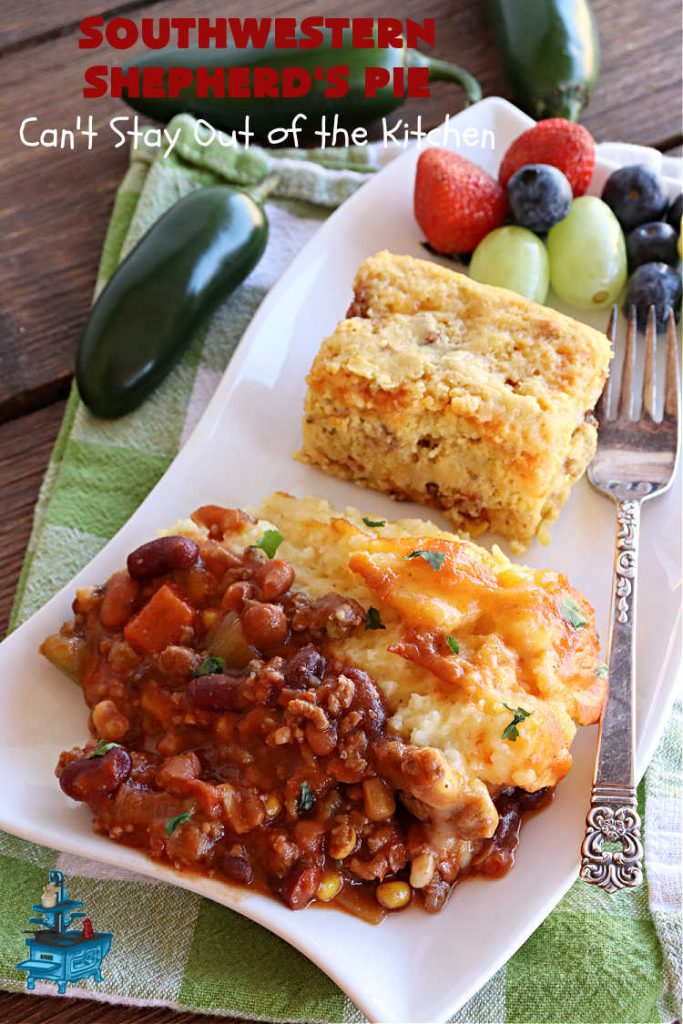 Southwestern Shepherd's Pie | Can't Stay Out of the Kitchen | this #Southwestern version of #ShepherdsPie is phenomenal! Every bite will rock your world. The #cheesy #MashedPotato topping is wonderful too. Great for company dinners or potlucks since it makes a lot. Make in the #SlowCooker or bake in the oven. #TexMex #beef #ItalianSausage #SouthwesternShepherdsPie #GlutenFree