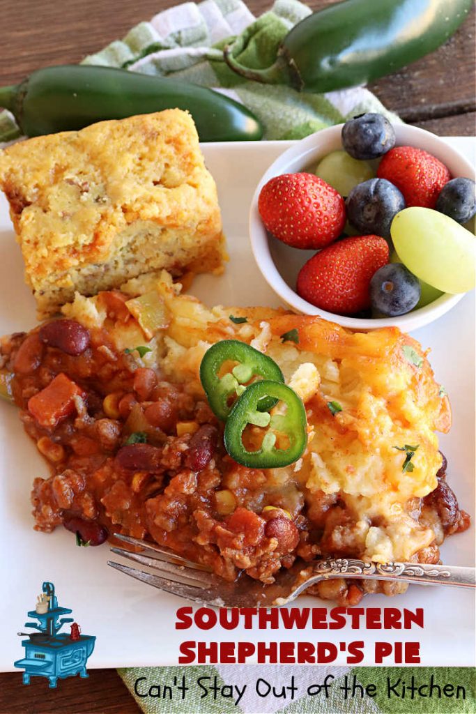 Southwestern Shepherd's Pie | Can't Stay Out of the Kitchen | this #Southwestern version of #ShepherdsPie is phenomenal! Every bite will rock your world. The #cheesy #MashedPotato topping is wonderful too. Great for company dinners or potlucks since it makes a lot. Make in the #SlowCooker or bake in the oven. #TexMex #beef #ItalianSausage #SouthwesternShepherdsPie #GlutenFree