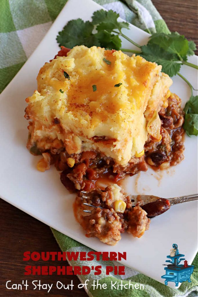 Southwestern Shepherd's Pie | Can't Stay Out of the Kitchen | this #Southwestern version of #ShepherdsPie is phenomenal! Every bite will rock your world. The #cheesy #MashedPotato topping is wonderful too. Great for company dinners or potlucks since it makes a lot. Make in the #SlowCooker or bake in the oven. #TexMex #beef #ItalianSausage #SouthwesternShepherdsPie #GlutenFree