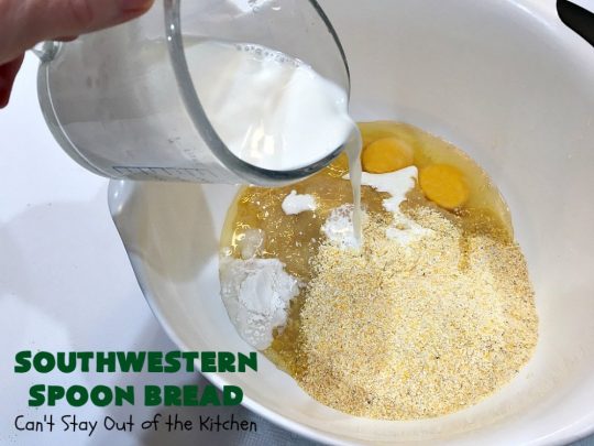 Southwestern Spoon Bread | Can't Stay Out of the Kitchen | this delicious #SpoonBread is a cross between #CornCasserole & #cornbread. It has rich #TexMex flavor using diced #GreenChilies & #CheddarCheese. #corn #SouthwesternSpoonBread