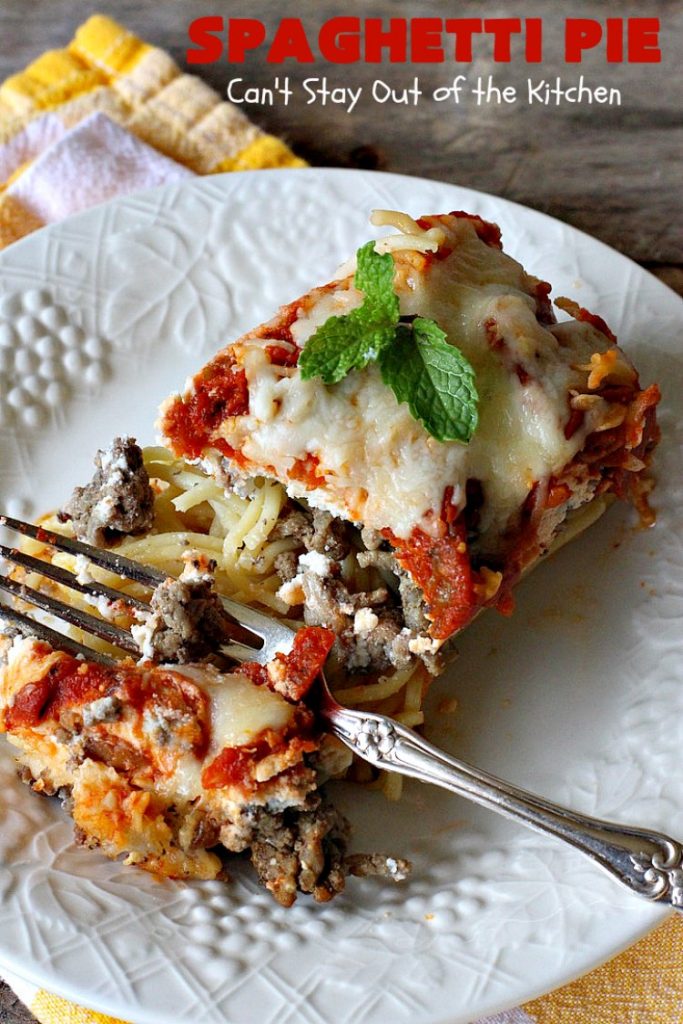 Spaghetti Pie | Can't Stay Out of the Kitchen | this kid-friendly #pasta #recipe has been a family favorite for years. This version uses a "crust" of #spaghetti, eggs, butter & #parmesancheese. It's topped with #groundbeef, then #Ricottacheese, then #mozzarella #cheese. Terrific for company since it makes a lot! You can also make this for #MeatlessMondays by eliminating the ground #beef. #noodles