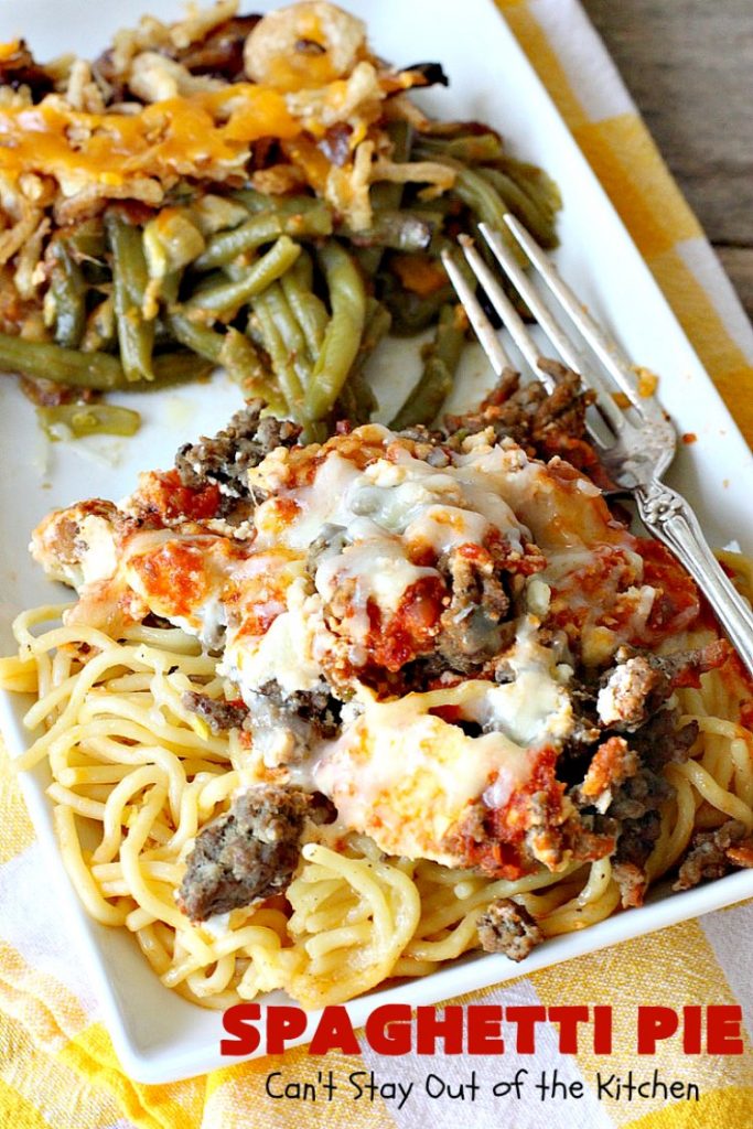 Spaghetti Pie | Can't Stay Out of the Kitchen | this kid-friendly #pasta #recipe has been a family favorite for years. This version uses a "crust" of #spaghetti, eggs, butter & #parmesancheese. It's topped with #groundbeef, then #Ricottacheese, then #mozzarella #cheese. Terrific for company since it makes a lot! You can also make this for #MeatlessMondays by eliminating the ground #beef. #noodles
