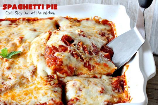 Spaghetti Pie | Can't Stay Out of the Kitchen | this kid-friendly #pasta #recipe has been a family favorite for years. This version uses a "crust" of #spaghetti, eggs, butter & #parmesancheese. It's topped with #groundbeef, then #Ricottacheese, then #mozzarella #cheese. Terrific for company since it makes a lot! You can also make this for #MeatlessMondays by eliminating the ground #beef. #noodles