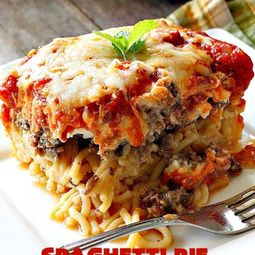 Spaghetti Pie | Can't Stay Out of the Kitchen | this kid-friendly #pasta #recipe has been a family favorite for years. This version uses a "crust" of #spaghetti, eggs, butter & #parmesancheese. It's topped with #groundbeef, then #Ricottacheese, then #mozzarella #cheese. Terrific for company since it makes a lot! You can also make this for #MeatlessMondays by eliminating the ground #beef. #noodles