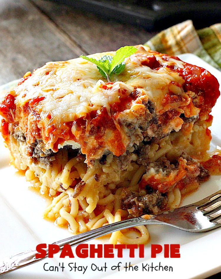 Spaghetti Pie | Can't Stay Out of the Kitchen | this kid-friendly #pasta #recipe has been a family favorite for years. This version uses a "crust" of #spaghetti, eggs, butter & #parmesancheese. It's topped with #groundbeef, then #Ricottacheese, then #mozzarella #cheese. Terrific for company since it makes a lot! You can also make this for #MeatlessMondays by eliminating the ground #beef. #noodles