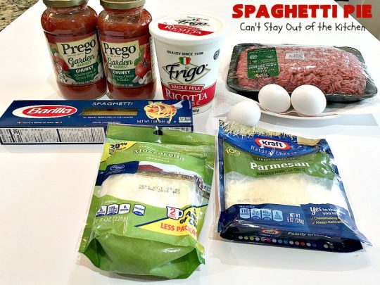 Spaghetti Pie | Can't Stay Out of the Kitchen | this kid-friendly #pasta #recipe has been a family favorite for years. This version uses a "crust" of #spaghetti, eggs, butter & #parmesancheese. It's topped with #groundbeef, then #Ricottacheese, then #mozzarella #cheese. Terrific for company since it makes a lot! You can also make this for #MeatlessMondays by eliminating the ground #beef. #noodles