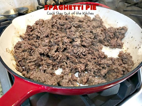 Spaghetti Pie | Can't Stay Out of the Kitchen | this kid-friendly #pasta #recipe has been a family favorite for years. This version uses a "crust" of #spaghetti, eggs, butter & #parmesancheese. It's topped with #groundbeef, then #Ricottacheese, then #mozzarella #cheese. Terrific for company since it makes a lot! You can also make this for #MeatlessMondays by eliminating the ground #beef. #noodles
