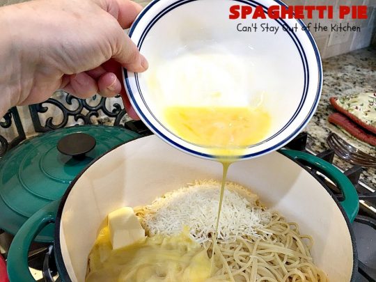 Spaghetti Pie | Can't Stay Out of the Kitchen | this kid-friendly #pasta #recipe has been a family favorite for years. This version uses a "crust" of #spaghetti, eggs, butter & #parmesancheese. It's topped with #groundbeef, then #Ricottacheese, then #mozzarella #cheese. Terrific for company since it makes a lot! You can also make this for #MeatlessMondays by eliminating the ground #beef. #noodles