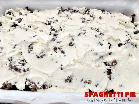 Spaghetti Pie | Can't Stay Out of the Kitchen | this kid-friendly #pasta #recipe has been a family favorite for years. This version uses a "crust" of #spaghetti, eggs, butter & #parmesancheese. It's topped with #groundbeef, then #Ricottacheese, then #mozzarella #cheese. Terrific for company since it makes a lot! You can also make this for #MeatlessMondays by eliminating the ground #beef. #noodles