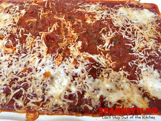 Spaghetti Pie | Can't Stay Out of the Kitchen | this kid-friendly #pasta #recipe has been a family favorite for years. This version uses a "crust" of #spaghetti, eggs, butter & #parmesancheese. It's topped with #groundbeef, then #Ricottacheese, then #mozzarella #cheese. Terrific for company since it makes a lot! You can also make this for #MeatlessMondays by eliminating the ground #beef. #noodles