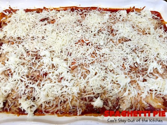 Spaghetti Pie | Can't Stay Out of the Kitchen | this kid-friendly #pasta #recipe has been a family favorite for years. This version uses a "crust" of #spaghetti, eggs, butter & #parmesancheese. It's topped with #groundbeef, then #Ricottacheese, then #mozzarella #cheese. Terrific for company since it makes a lot! You can also make this for #MeatlessMondays by eliminating the ground #beef. #noodles