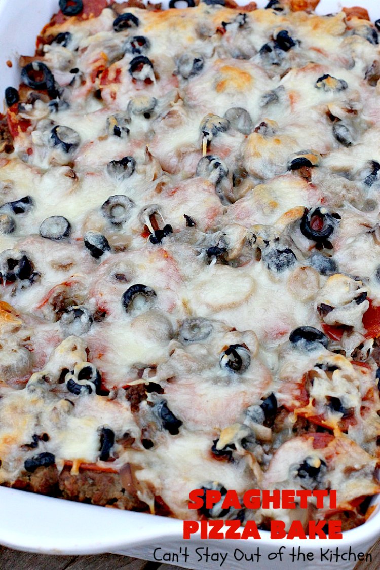 Spaghetti Pizza Bake | Can't Stay Out of the Kitchen | this fantastic #casserole combines the best of #spaghetti with the best of #pizza! It's kid-friendly and great for company since it makes a lot. #GroundBeef #olives #pepperoni #pasta #mushrooms #MozzarellaCheese #SpaghettiPizzaBake #Italian