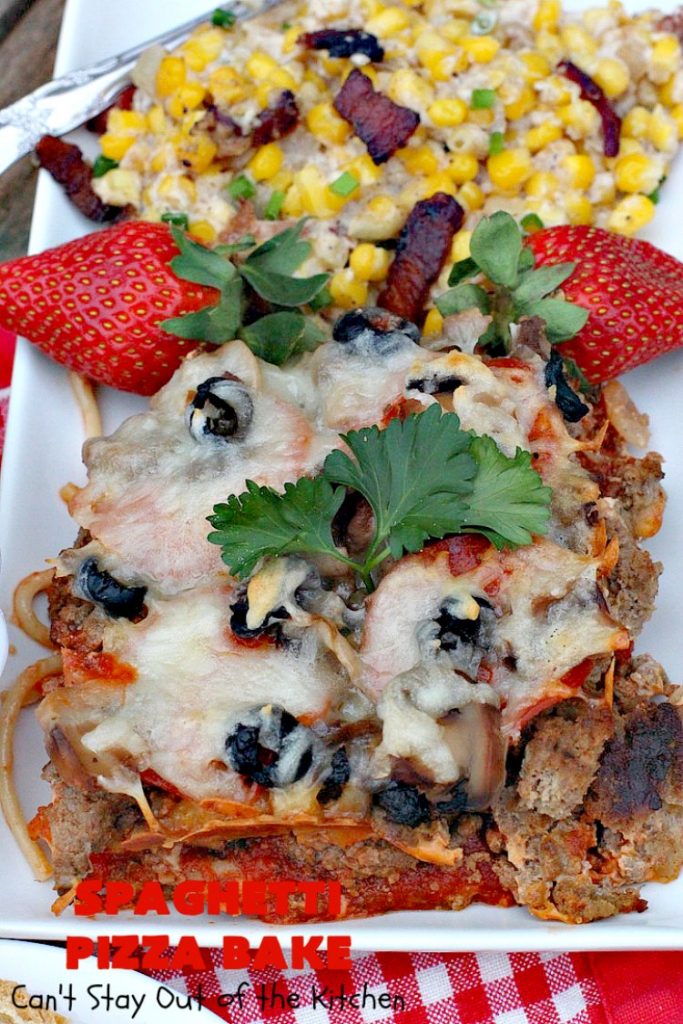 Spaghetti Pizza Bake | Can't Stay Out of the Kitchen | this fantastic #casserole combines the best of #spaghetti with the best of #pizza! It's kid-friendly and great for company since it makes a lot. #GroundBeef #olives #pepperoni #pasta #mushrooms #MozzarellaCheese #SpaghettiPizzaBake #Italian