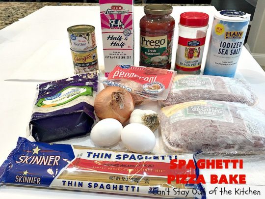 Spaghetti Pizza Bake | Can't Stay Out of the Kitchen | this fantastic #casserole combines the best of #spaghetti with the best of #pizza! It's kid-friendly and great for company since it makes a lot. #GroundBeef #olives #pepperoni #pasta #mushrooms #MozzarellaCheese #SpaghettiPizzaBake #Italian