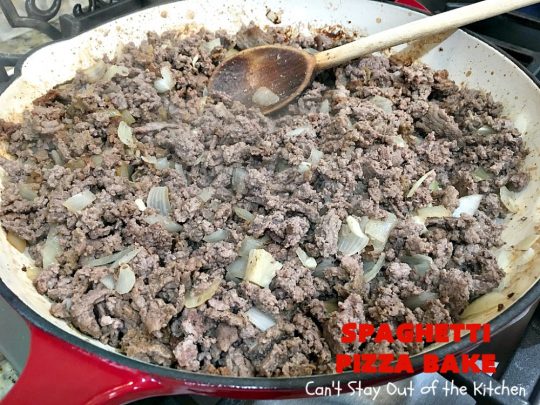 Spaghetti Pizza Bake | Can't Stay Out of the Kitchen | this fantastic #casserole combines the best of #spaghetti with the best of #pizza! It's kid-friendly and great for company since it makes a lot. #GroundBeef #olives #pepperoni #pasta #mushrooms #MozzarellaCheese #SpaghettiPizzaBake #Italian