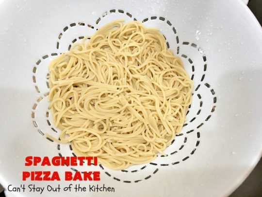 Spaghetti Pizza Bake | Can't Stay Out of the Kitchen | this fantastic #casserole combines the best of #spaghetti with the best of #pizza! It's kid-friendly and great for company since it makes a lot. #GroundBeef #olives #pepperoni #pasta #mushrooms #MozzarellaCheese #SpaghettiPizzaBake #Italian