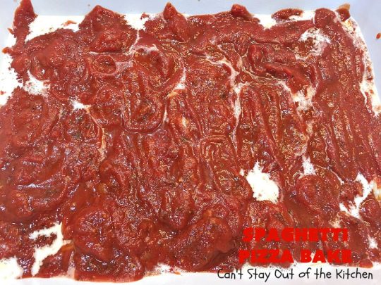 Spaghetti Pizza Bake | Can't Stay Out of the Kitchen | this fantastic #casserole combines the best of #spaghetti with the best of #pizza! It's kid-friendly and great for company since it makes a lot. #GroundBeef #olives #pepperoni #pasta #mushrooms #MozzarellaCheese #SpaghettiPizzaBake #Italian