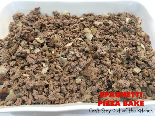 Spaghetti Pizza Bake | Can't Stay Out of the Kitchen | this fantastic #casserole combines the best of #spaghetti with the best of #pizza! It's kid-friendly and great for company since it makes a lot. #GroundBeef #olives #pepperoni #pasta #mushrooms #MozzarellaCheese #SpaghettiPizzaBake #Italian