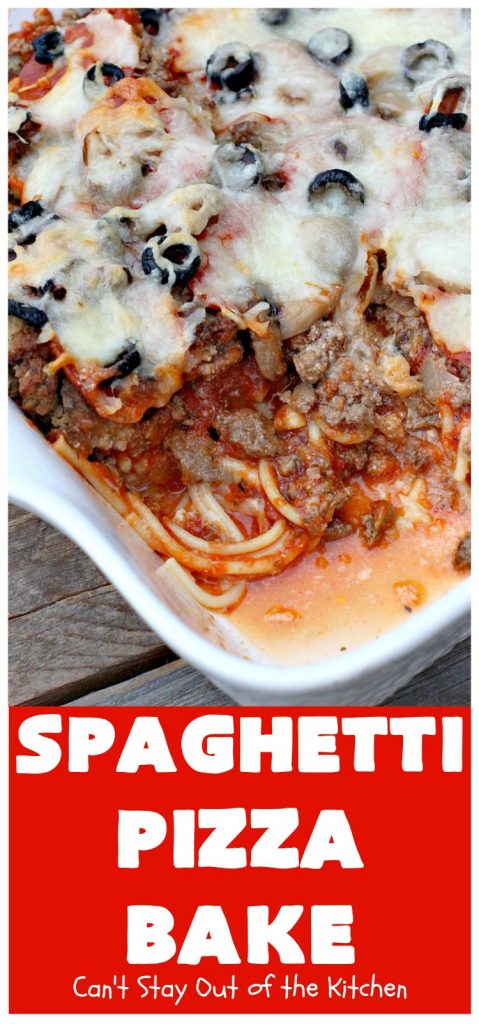 Spaghetti Pizza Bake | Can't Stay Out of the Kitchen | this fantastic #casserole combines the best of #spaghetti with the best of #pizza! It's kid-friendly and great for company since it makes a lot. #GroundBeef #olives #pepperoni #pasta #mushrooms #MozzarellaCheese #SpaghettiPizzaBake #Italian