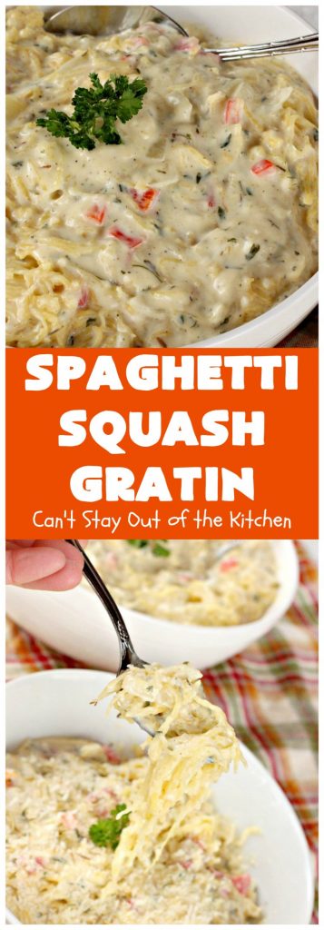 Spaghetti Squash Gratin | Can't Stay Out of the Kitchen | this fantastic #recipe features #spaghettisquash in a thick and creamy #cheese sauce. It's a terrific #casserole for #holidays like #Thanksgiving or #Christmas or serve it as an entree for #MeatlessMondays. #glutenfree #Italian #MeatlessMainDish