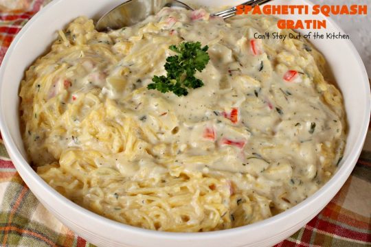Spaghetti Squash Gratin | Can't Stay Out of the Kitchen | this fantastic #recipe features #spaghettisquash in a thick and creamy #cheese sauce. It's a terrific #casserole for #holidays like #Thanksgiving or #Christmas or serve it as an entree for #MeatlessMondays. #glutenfree #Italian #MeatlessMainDish 