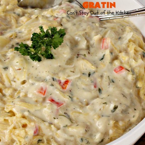 Spaghetti Squash Gratin | Can't Stay Out of the Kitchen | this fantastic #recipe features #spaghettisquash in a thick and creamy #cheese sauce. It's a terrific #casserole for #holidays like #Thanksgiving or #Christmas or serve it as an entree for #MeatlessMondays. #glutenfree #Italian #MeatlessMainDish