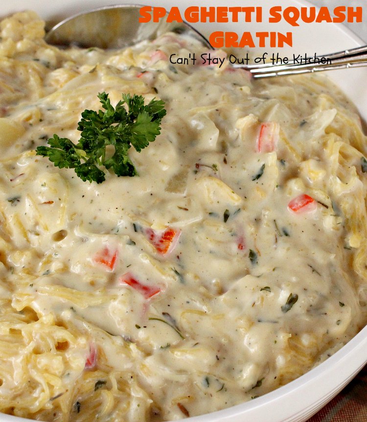 Spaghetti Squash Gratin | Can't Stay Out of the Kitchen | this fantastic #recipe features #spaghettisquash in a thick and creamy #cheese sauce. It's a terrific #casserole for #holidays like #Thanksgiving or #Christmas or serve it as an entree for #MeatlessMondays. #glutenfree #Italian #MeatlessMainDish