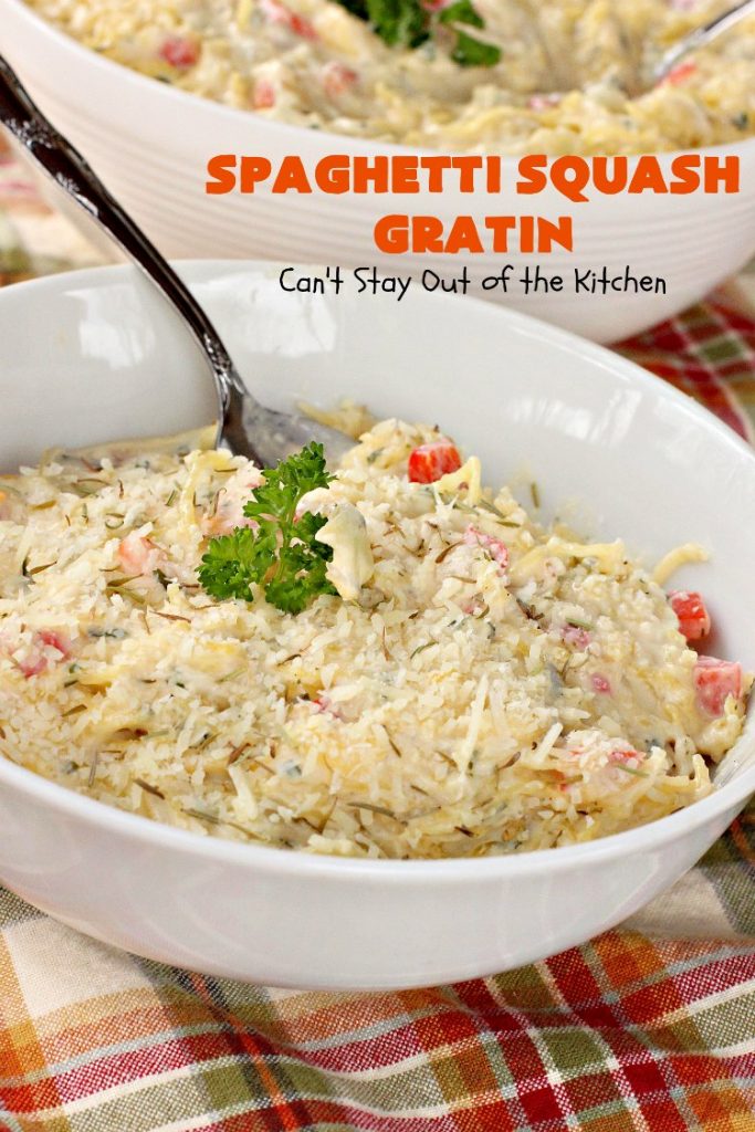 Spaghetti Squash Gratin | Can't Stay Out of the Kitchen | this fantastic #recipe features #spaghettisquash in a thick and creamy #cheese sauce. It's a terrific #casserole for #holidays like #Thanksgiving or #Christmas or serve it as an entree for #MeatlessMondays. #glutenfree #Italian #MeatlessMainDish 