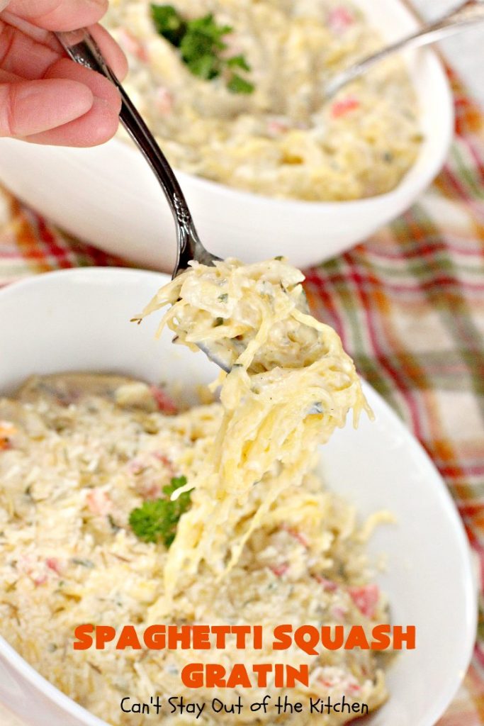 Spaghetti Squash Gratin | Can't Stay Out of the Kitchen | this fantastic #recipe features #spaghettisquash in a thick and creamy #cheese sauce. It's a terrific #casserole for #holidays like #Thanksgiving or #Christmas or serve it as an entree for #MeatlessMondays. #glutenfree #Italian #MeatlessMainDish 