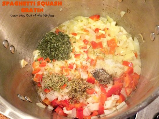 Spaghetti Squash Gratin | Can't Stay Out of the Kitchen | this fantastic #recipe features #spaghettisquash in a thick and creamy #cheese sauce. It's a terrific #casserole for #holidays like #Thanksgiving or #Christmas or serve it as an entree for #MeatlessMondays. #glutenfree #Italian #MeatlessMainDish 