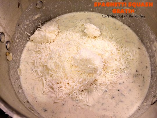 Spaghetti Squash Gratin | Can't Stay Out of the Kitchen | this fantastic #recipe features #spaghettisquash in a thick and creamy #cheese sauce. It's a terrific #casserole for #holidays like #Thanksgiving or #Christmas or serve it as an entree for #MeatlessMondays. #glutenfree #Italian #MeatlessMainDish 