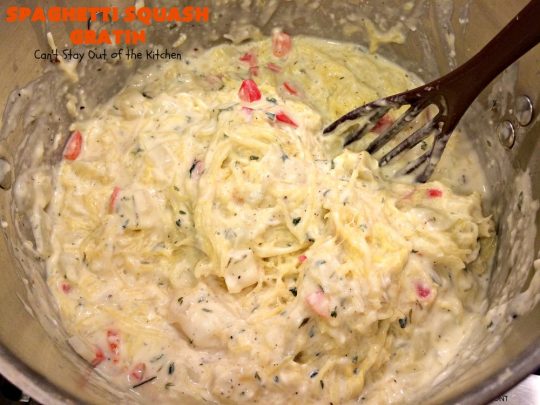 Spaghetti Squash Gratin | Can't Stay Out of the Kitchen | this fantastic #recipe features #spaghettisquash in a thick and creamy #cheese sauce. It's a terrific #casserole for #holidays like #Thanksgiving or #Christmas or serve it as an entree for #MeatlessMondays. #glutenfree #Italian #MeatlessMainDish 