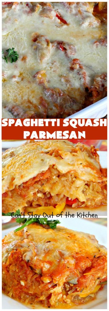 Spaghetti Squash Parmesan | Can't Stay Out of the Kitchen | this is one of the most spectacular ways to serve #SpaghettiSquash ever! It's chocked full of veggies & is layered twice with #parmesan, #mozzarella & #romano cheeses. Terrific for #MeatlessMondays or for #holidays like #Easter or #MothersDay. #Healthy, #LowCalorie #GlutenFree #CleanEating #SpaghettiSquashParmesan #Zucchini #SpaghettiSquashCasserole #YellowSquash #Carrots