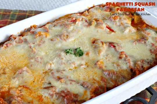 Spaghetti Squash Parmesan | Can't Stay Out of the Kitchen | this is one of the most spectacular ways to serve #SpaghettiSquash ever! It's chocked full of veggies & is layered twice with #parmesan, #mozzarella & #romano cheeses. Terrific for #MeatlessMondays or for #holidays like #Easter or #MothersDay. #Healthy, #LowCalorie #GlutenFree #CleanEating #SpaghettiSquashParmesan #Zucchini #SpaghettiSquashCasserole #YellowSquash #Carrots