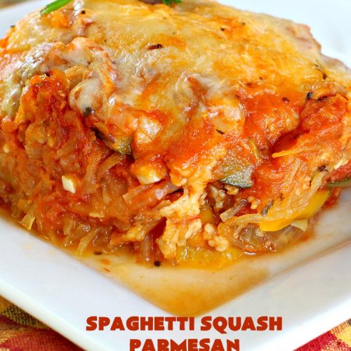 Spaghetti Squash Parmesan | Can't Stay Out of the Kitchen | this is one of the most spectacular ways to serve #SpaghettiSquash ever! It's chocked full of veggies & is layered twice with #parmesan, #mozzarella & #romano cheeses. Terrific for #MeatlessMondays or for #holidays like #Easter or #MothersDay. #Healthy, #LowCalorie #GlutenFree #CleanEating #SpaghettiSquashParmesan #Zucchini #SpaghettiSquashCasserole #YellowSquash #Carrots