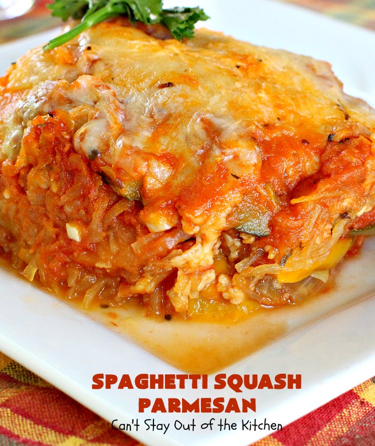 Spaghetti Squash Parmesan | Can't Stay Out of the Kitchen | this is one of the most spectacular ways to serve #SpaghettiSquash ever! It's chocked full of veggies & is layered twice with #parmesan, #mozzarella & #romano cheeses. Terrific for #MeatlessMondays or for #holidays like #Easter or #MothersDay. #Healthy, #LowCalorie #GlutenFree #CleanEating #SpaghettiSquashParmesan #Zucchini #SpaghettiSquashCasserole #YellowSquash #Carrots