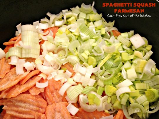 Spaghetti Squash Parmesan | Can't Stay Out of the Kitchen | this is one of the most spectacular ways to serve #SpaghettiSquash ever! It's chocked full of veggies & is layered twice with #parmesan, #mozzarella & #romano cheeses. Terrific for #MeatlessMondays or for #holidays like #Easter or #MothersDay. #Healthy, #LowCalorie #GlutenFree #CleanEating #SpaghettiSquashParmesan #Zucchini #SpaghettiSquashCasserole #YellowSquash #Carrots