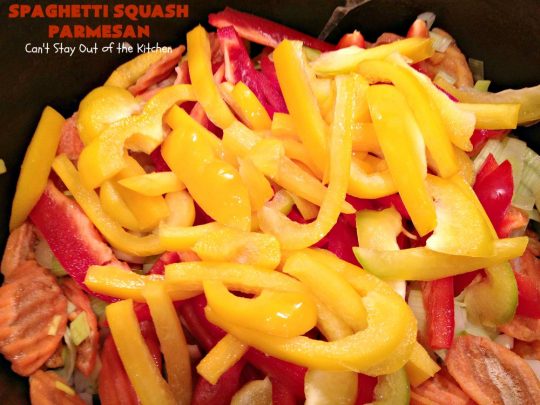 Spaghetti Squash Parmesan | Can't Stay Out of the Kitchen | this is one of the most spectacular ways to serve #SpaghettiSquash ever! It's chocked full of veggies & is layered twice with #parmesan, #mozzarella & #romano cheeses. Terrific for #MeatlessMondays or for #holidays like #Easter or #MothersDay. #Healthy, #LowCalorie #GlutenFree #CleanEating #SpaghettiSquashParmesan #Zucchini #SpaghettiSquashCasserole #YellowSquash #Carrots