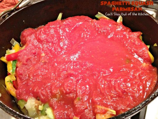Spaghetti Squash Parmesan | Can't Stay Out of the Kitchen | this is one of the most spectacular ways to serve #SpaghettiSquash ever! It's chocked full of veggies & is layered twice with #parmesan, #mozzarella & #romano cheeses. Terrific for #MeatlessMondays or for #holidays like #Easter or #MothersDay. #Healthy, #LowCalorie #GlutenFree #CleanEating #SpaghettiSquashParmesan #Zucchini #SpaghettiSquashCasserole #YellowSquash #Carrots