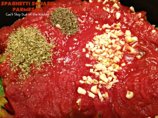 Spaghetti Squash Parmesan | Can't Stay Out of the Kitchen | this is one of the most spectacular ways to serve #SpaghettiSquash ever! It's chocked full of veggies & is layered twice with #parmesan, #mozzarella & #romano cheeses. Terrific for #MeatlessMondays or for #holidays like #Easter or #MothersDay. #Healthy, #LowCalorie #GlutenFree #CleanEating #SpaghettiSquashParmesan #Zucchini #SpaghettiSquashCasserole #YellowSquash #Carrots