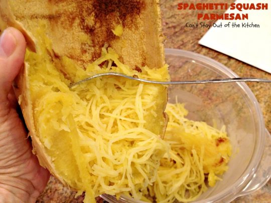 Spaghetti Squash Parmesan | Can't Stay Out of the Kitchen | this is one of the most spectacular ways to serve #SpaghettiSquash ever! It's chocked full of veggies & is layered twice with #parmesan, #mozzarella & #romano cheeses. Terrific for #MeatlessMondays or for #holidays like #Easter or #MothersDay. #Healthy, #LowCalorie #GlutenFree #CleanEating #SpaghettiSquashParmesan #Zucchini #SpaghettiSquashCasserole #YellowSquash #Carrots