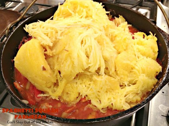 Spaghetti Squash Parmesan | Can't Stay Out of the Kitchen | this is one of the most spectacular ways to serve #SpaghettiSquash ever! It's chocked full of veggies & is layered twice with #parmesan, #mozzarella & #romano cheeses. Terrific for #MeatlessMondays or for #holidays like #Easter or #MothersDay. #Healthy, #LowCalorie #GlutenFree #CleanEating #SpaghettiSquashParmesan #Zucchini #SpaghettiSquashCasserole #YellowSquash #Carrots