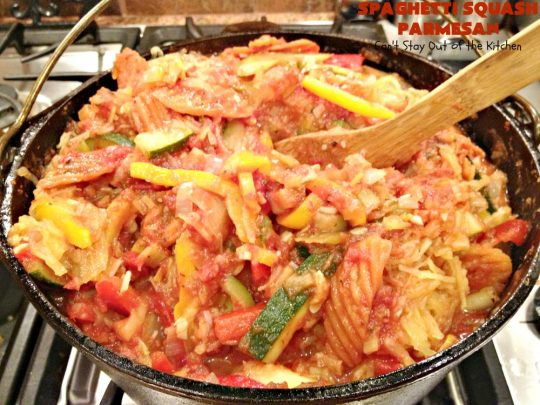 Spaghetti Squash Parmesan | Can't Stay Out of the Kitchen | this is one of the most spectacular ways to serve #SpaghettiSquash ever! It's chocked full of veggies & is layered twice with #parmesan, #mozzarella & #romano cheeses. Terrific for #MeatlessMondays or for #holidays like #Easter or #MothersDay. #Healthy, #LowCalorie #GlutenFree #CleanEating #SpaghettiSquashParmesan #Zucchini #SpaghettiSquashCasserole #YellowSquash #Carrots