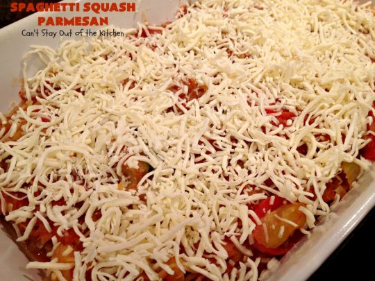 Spaghetti Squash Parmesan | Can't Stay Out of the Kitchen | this is one of the most spectacular ways to serve #SpaghettiSquash ever! It's chocked full of veggies & is layered twice with #parmesan, #mozzarella & #romano cheeses. Terrific for #MeatlessMondays or for #holidays like #Easter or #MothersDay. #Healthy, #LowCalorie #GlutenFree #CleanEating #SpaghettiSquashParmesan #Zucchini #SpaghettiSquashCasserole #YellowSquash #Carrots