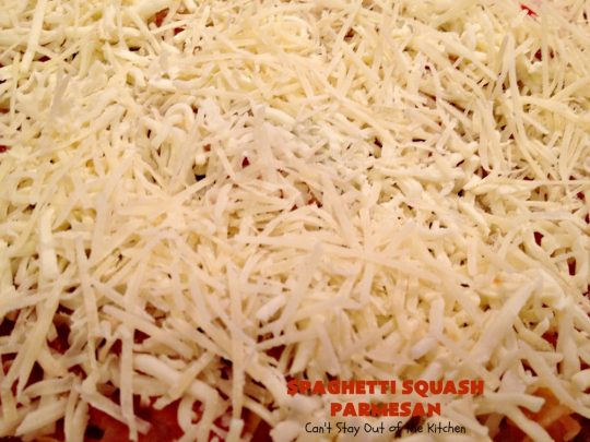 Spaghetti Squash Parmesan | Can't Stay Out of the Kitchen | this is one of the most spectacular ways to serve #SpaghettiSquash ever! It's chocked full of veggies & is layered twice with #parmesan, #mozzarella & #romano cheeses. Terrific for #MeatlessMondays or for #holidays like #Easter or #MothersDay. #Healthy, #LowCalorie #GlutenFree #CleanEating #SpaghettiSquashParmesan #Zucchini #SpaghettiSquashCasserole #YellowSquash #Carrots