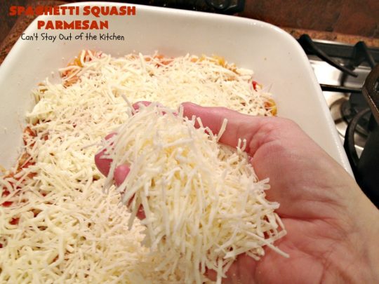 Spaghetti Squash Parmesan | Can't Stay Out of the Kitchen | this is one of the most spectacular ways to serve #SpaghettiSquash ever! It's chocked full of veggies & is layered twice with #parmesan, #mozzarella & #romano cheeses. Terrific for #MeatlessMondays or for #holidays like #Easter or #MothersDay. #Healthy, #LowCalorie #GlutenFree #CleanEating #SpaghettiSquashParmesan #Zucchini #SpaghettiSquashCasserole #YellowSquash #Carrots