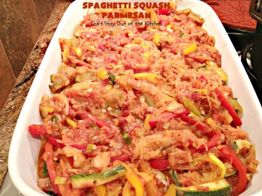 Spaghetti Squash Parmesan | Can't Stay Out of the Kitchen | this is one of the most spectacular ways to serve #SpaghettiSquash ever! It's chocked full of veggies & is layered twice with #parmesan, #mozzarella & #romano cheeses. Terrific for #MeatlessMondays or for #holidays like #Easter or #MothersDay. #Healthy, #LowCalorie #GlutenFree #CleanEating #SpaghettiSquashParmesan #Zucchini #SpaghettiSquashCasserole #YellowSquash #Carrots