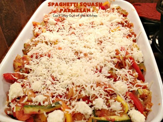 Spaghetti Squash Parmesan | Can't Stay Out of the Kitchen | this is one of the most spectacular ways to serve #SpaghettiSquash ever! It's chocked full of veggies & is layered twice with #parmesan, #mozzarella & #romano cheeses. Terrific for #MeatlessMondays or for #holidays like #Easter or #MothersDay. #Healthy, #LowCalorie #GlutenFree #CleanEating #SpaghettiSquashParmesan #Zucchini #SpaghettiSquashCasserole #YellowSquash #Carrots